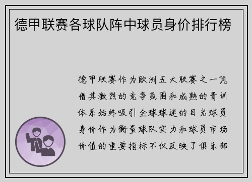 德甲联赛各球队阵中球员身价排行榜